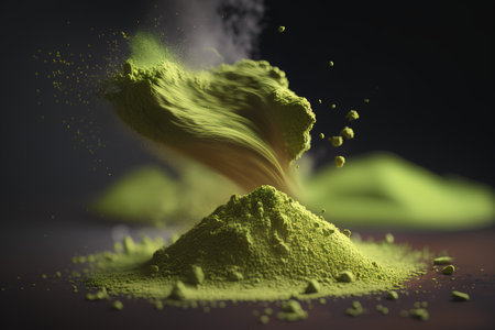 Matcha green powder explosion on dark background. 3d rendering.の素材