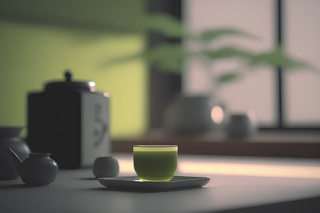 A cup of green tea on the table in the room. 3d rendering.の素材