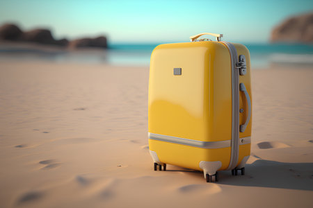 Yellow suitcase on the beach. 3D illustration. Travel concept.の素材