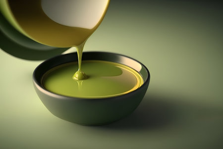 Olive oil in a bowl on a green background. 3d renderingの素材