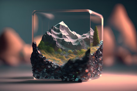 3d illustration of a glass cube with mountains and trees in itの素材