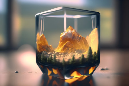 Mountain in a glass vase on the table. 3d renderの素材