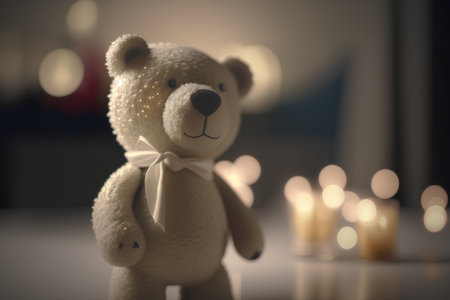 Teddy bear with candles in the background, soft focus, tonedの素材