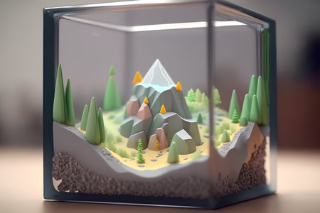 Mountain landscape in a glass aquarium. 3d illustration. Nature conceptの素材