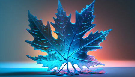 3d illustration of blue leaf on a dark background in neon lightの素材
