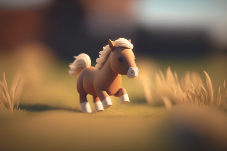 3d rendering of a cute little horse running in the grass.の素材