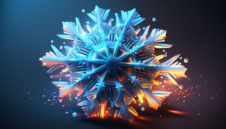 3d rendering of snowflake in blue and orange colors on dark backgroundの素材