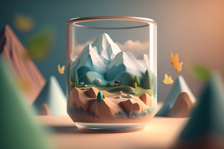 Mountain landscape in a glass jar. 3d render illustration.の素材