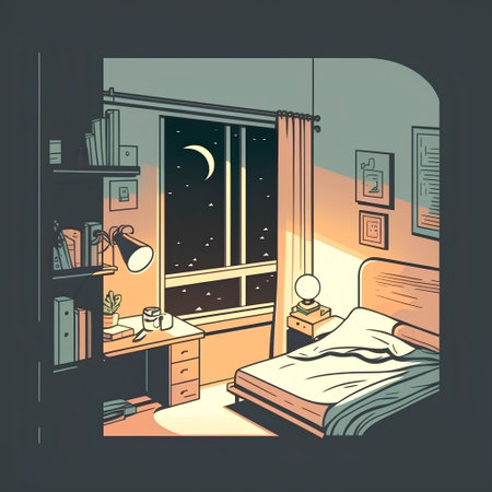 Bedroom interior with night view. Vector illustration in retro style.の素材