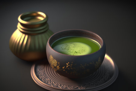 Matcha green tea in ceramic bowl with teapot. 3D renderingの素材