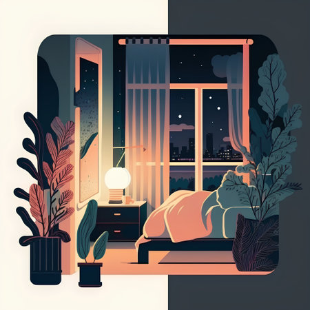 Night interior with window, furniture and plants. Vector illustration in flat styleの素材