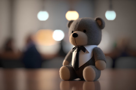 Teddy bear sitting on a table in a restaurant with a blurred backgroundの素材