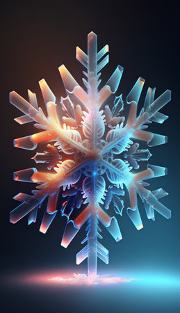 3d render of crystal snowflake isolated on dark background. Computer generated illustrationの素材