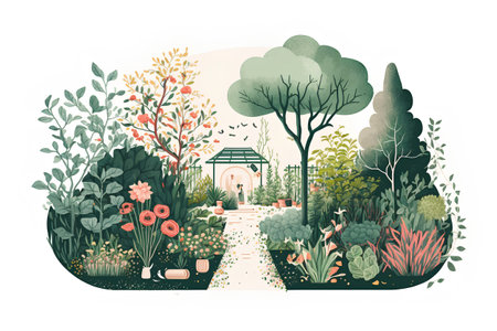 Vector illustration of a garden with trees, flowers, plants and fence.の素材