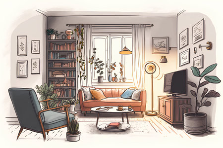 Living room interior sketch. Hand drawn vector illustration in vintage style.の素材
