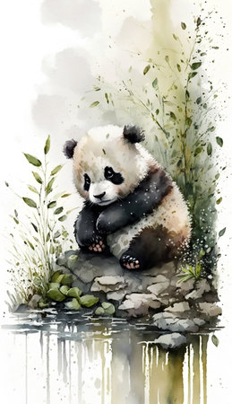 Watercolor illustration of a panda sitting on a stone in the waterの素材