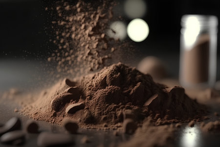 Cocoa powder and powder on a black background close-upの素材