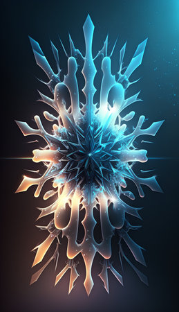 Abstract snowflake on a dark background. 3D illustration. Blue color.の素材