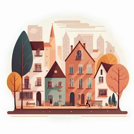 City street with houses and trees. Vector illustration in flat style.の素材