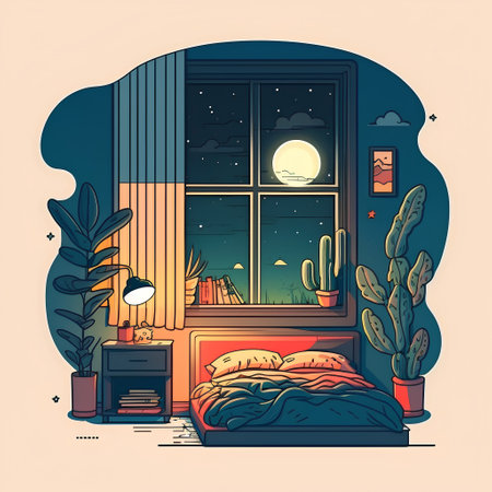 Vector illustration of bedroom interior with night view, cactus, window and books.の素材