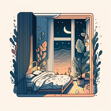 Illustration of a cozy bedroom at night with the view from the windowの素材