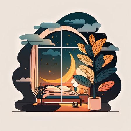 Bedroom at night with window, moon and clouds. Vector illustrationの素材