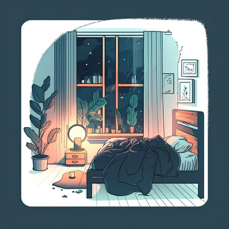 Illustration of the interior of a cozy bedroom with a large window.の素材