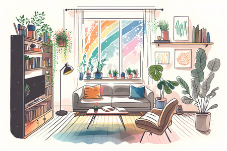 Living room interior with furniture and plants. Hand drawn vector illustration.の素材