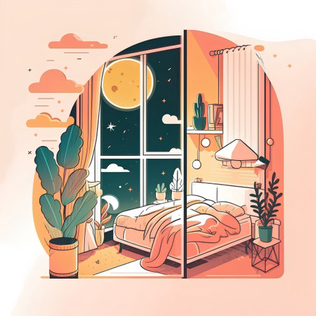 Vector illustration of a cozy bedroom with a window overlooking the night skyの素材