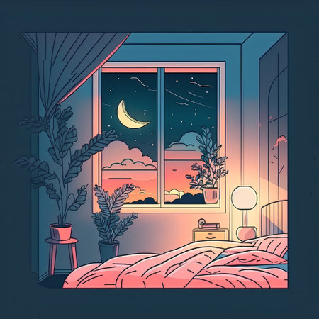Vector illustration of a bedroom interior with a window and a night viewの素材