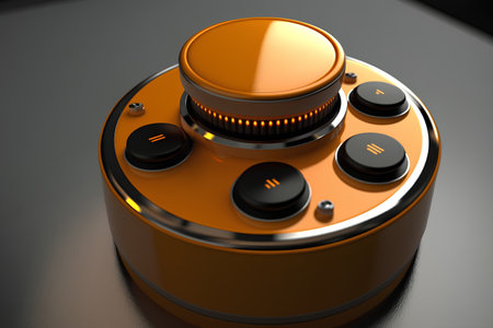 3d render of an orange power button on a black background.の素材