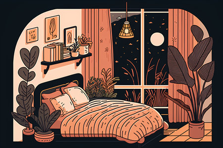 Vector illustration of a cozy bedroom interior with a bed, pillows, plants and window.の素材