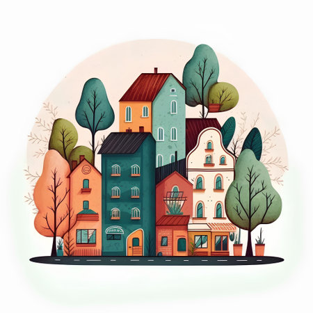 Colorful houses and trees. Vector illustration in a flat style.の素材