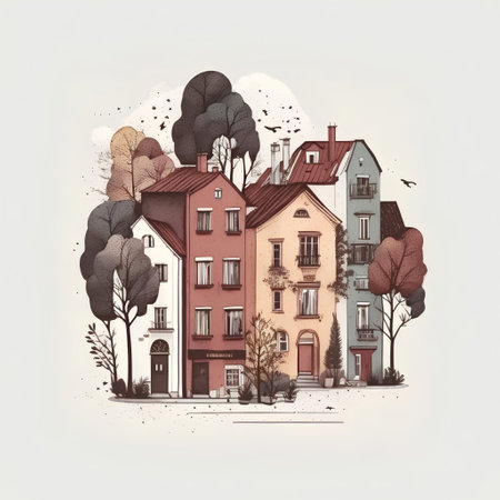 Cityscape with old european houses and trees. Hand drawn vector illustration.の素材