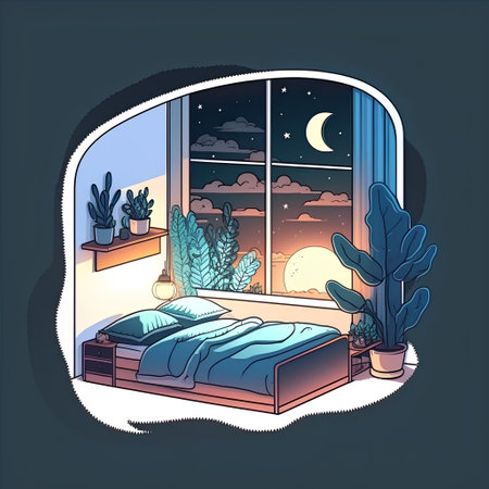 Vector illustration of a night bedroom with a view from the window.の素材