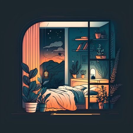 Bedroom interior with window, night view, moon and plants. Vector illustrationの素材