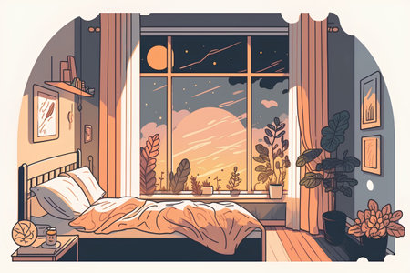 Vector illustration of a cozy bedroom with a large window and a bed.の素材