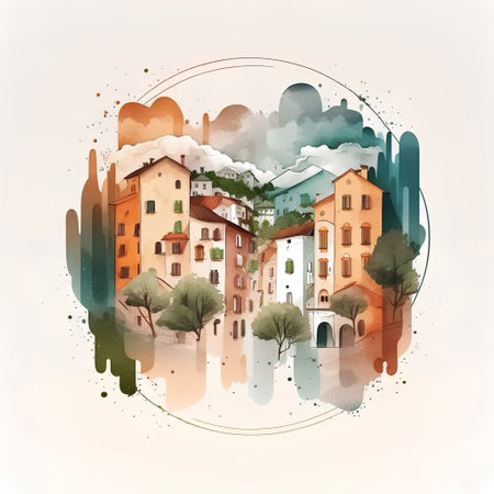 Old european town on the watercolor background. Vector illustration.の素材