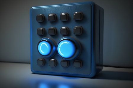 A 3d render of a blue remote control in a dark roomの素材
