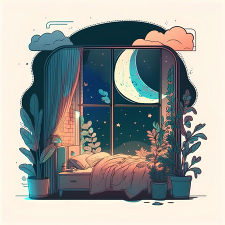 Bedroom interior with window, moon and plants. Vector illustration.の素材