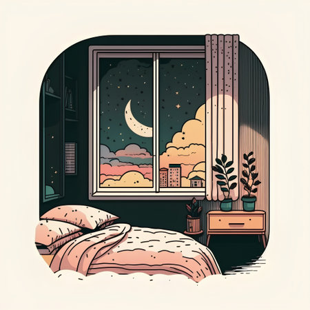 Bedroom interior with a window and a night view. Vector illustration.の素材