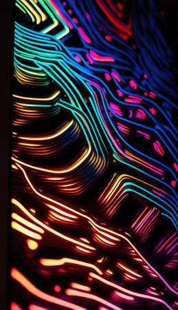 Abstract background of neon lights in the form of a wave on a black backgroundの素材
