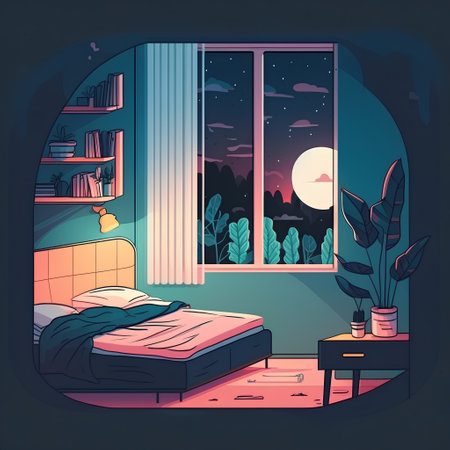 Illustration of a cozy bedroom with a big window and a large window.の素材