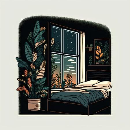 Vector illustration of a room with a big window and a bed.の素材