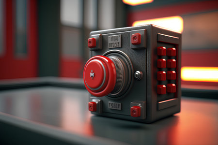 3d illustration of a metal safe with a red button on itの素材