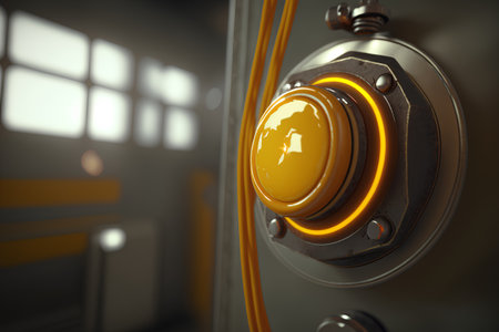 3d rendering of yellow emergency button in industrial interior with copy spaceの素材