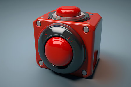 3d rendering of red camera with red button on gray background with shadowの素材