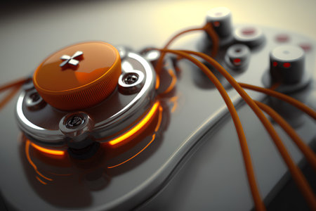 3d illustration of electric guitar with orange light, close-upの素材