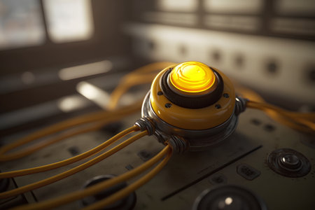 Close up view of a yellow light bulb on a dj mixer.の素材