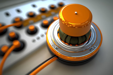 3d illustration of orange switch with power cable over grey background.の素材